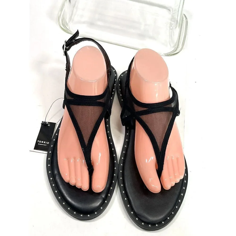 Torrid Mesh T Strap Thong Sandals‎ Sz 8.5 W Wide Black Studded Ankle Strap